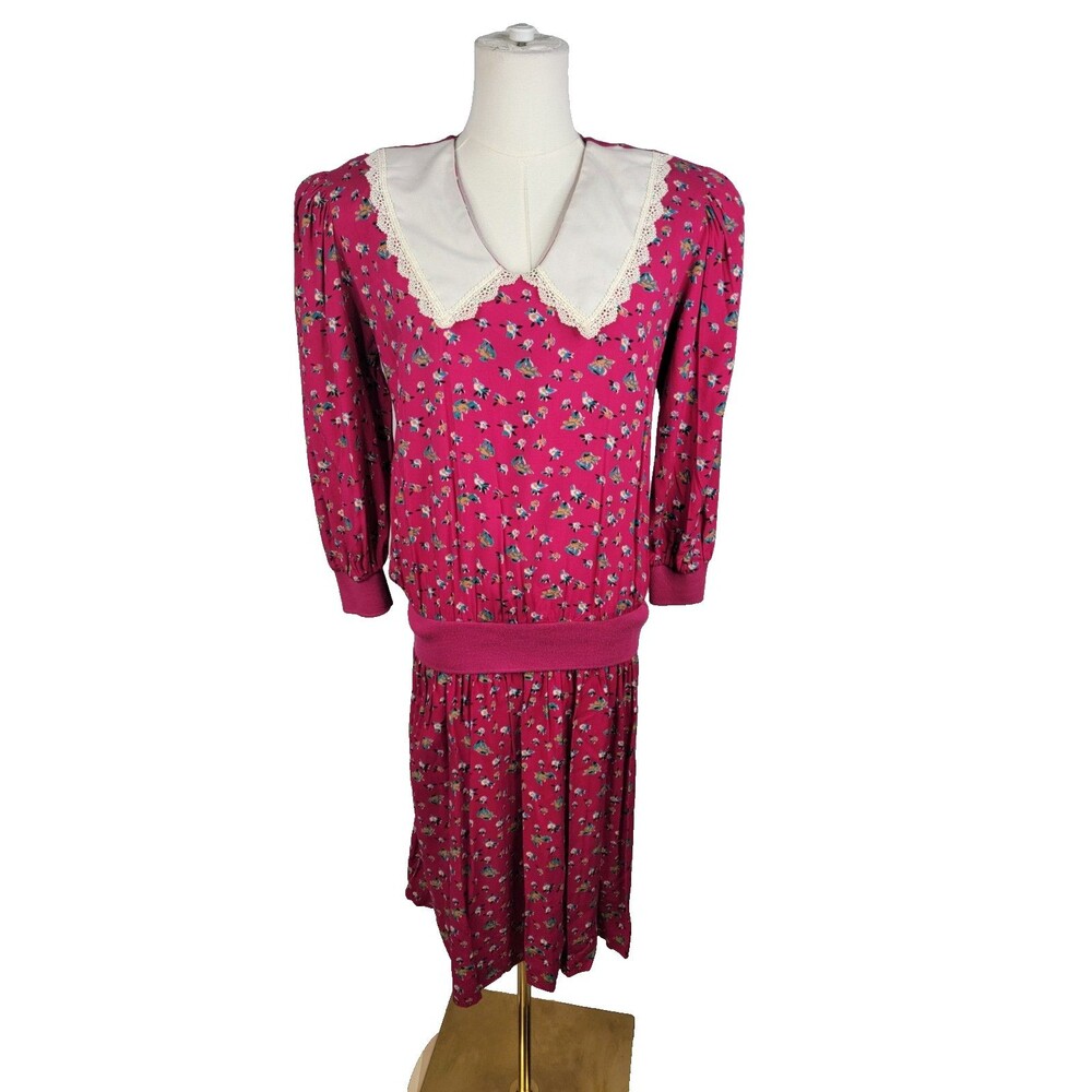 Vintage 80s Natalie Magenta Floral Drop Waist Dress Size 8P